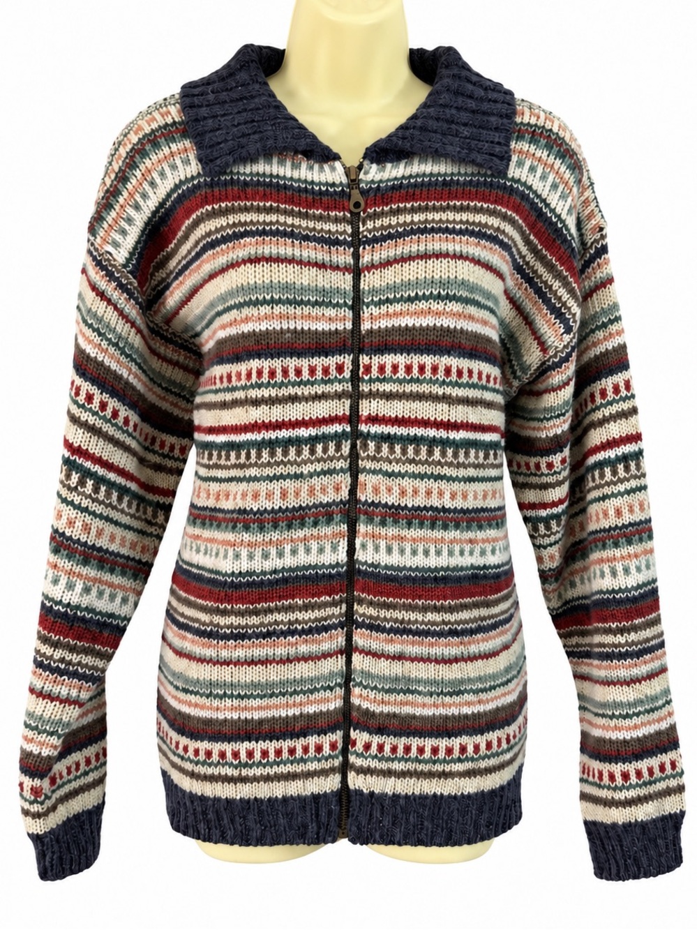 Vintage Blueberry Hill Nordic Stripe Wool-Blend Zip Cardigan Medium